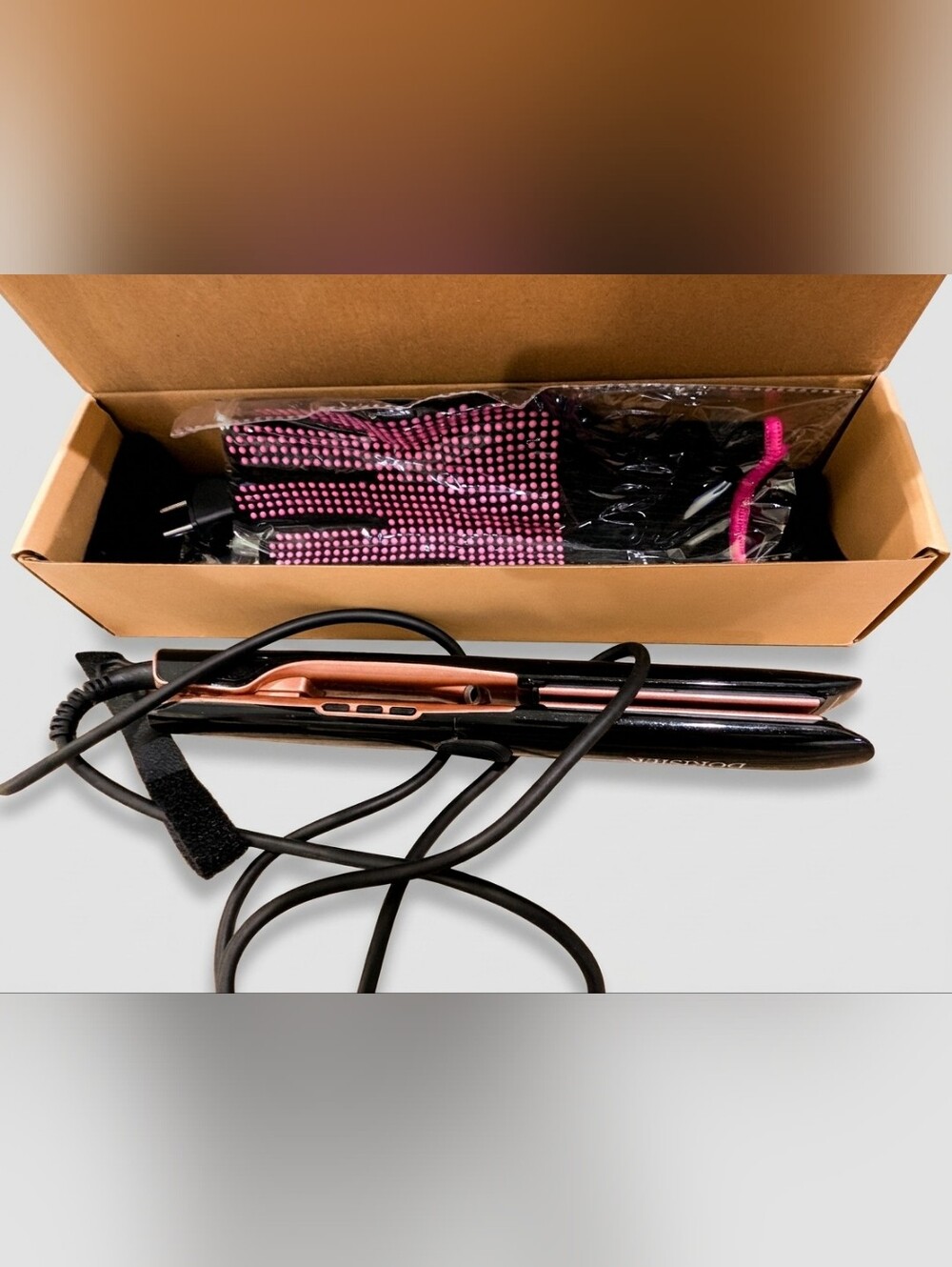 Black and Rose Gold Flat Iron Hair Straightener with Heat-Resistant Glove